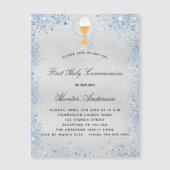 Invitation Magnétique Première communion argent bleu garçon luxe (Devant)