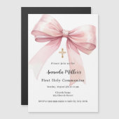 Invitation Magnétique Première communion de fille arc rose (Devant / Derrière)