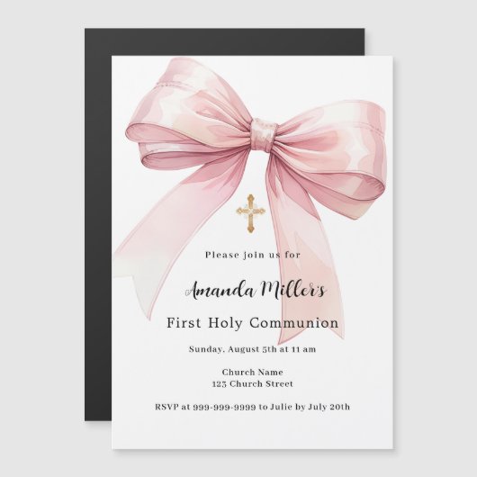 Invitation Magnétique Première communion de fille arc rose (Devant / Derrière)
