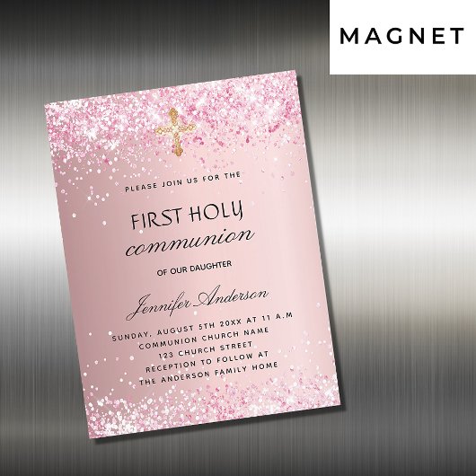 Invitation Magnétique Première communion rose pâle parties scintillant l