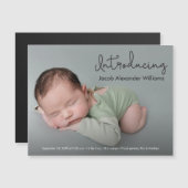 Invitation Magnétique Présentation moderne Script Custom Baby boy Photo (Devant / Derrière)