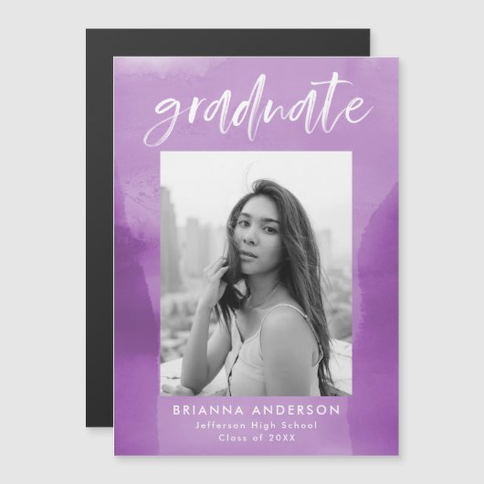 Invitation Magnétique Purple Aquarelle Laver Photo Graduation (Devant / Derrière)