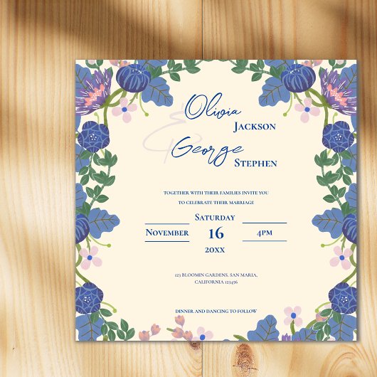 Invitation Magnétique Purple Romantic Pretty Blue Florals Garden Wedding