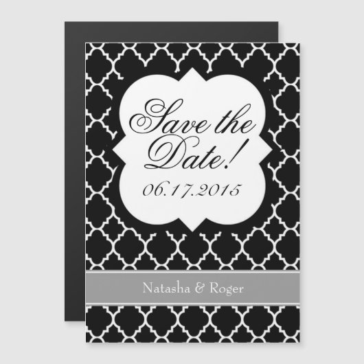 Invitation Magnétique Quatrefoil Blanc Noir Enregistrer l'aimant Date (Devant / Derrière)