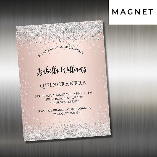 Invitation Magnétique Quinceanera argent rose or blush luxe