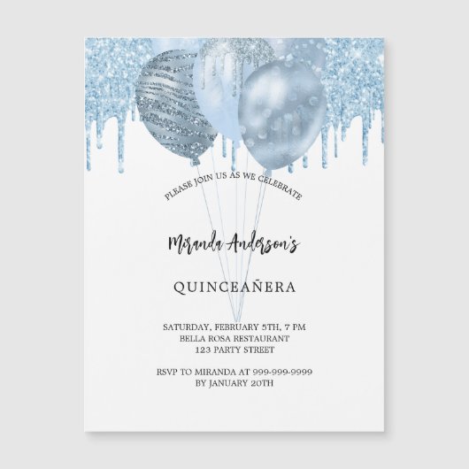 Invitation Magnétique Quinceanera Ballons bleu blanc parties scintillant (Devant)