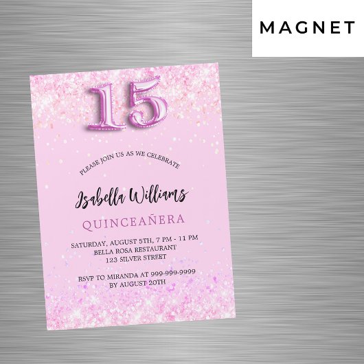 Invitation Magnétique Quinceanera confetti rose fille soirée luxe