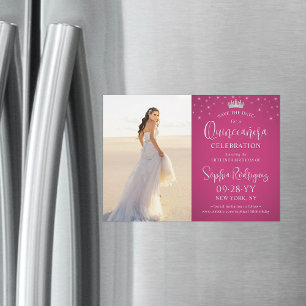 Invitation Magnétique Quinceañera Enregistrer la date Photo Fuschia rose