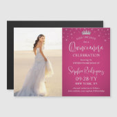 Invitation Magnétique Quinceañera Enregistrer la date Photo Fuschia rose (Devant / Derrière)