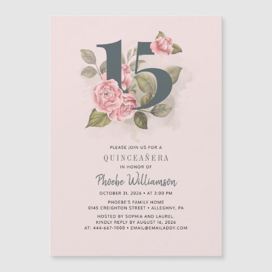 Invitation Magnétique Quinceanera Floral rustique 15e anniversaire (Devant)