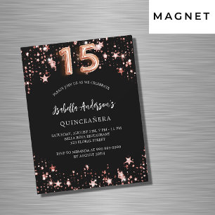 Invitation Magnétique Quinceanera noir rose or étoiles luxe