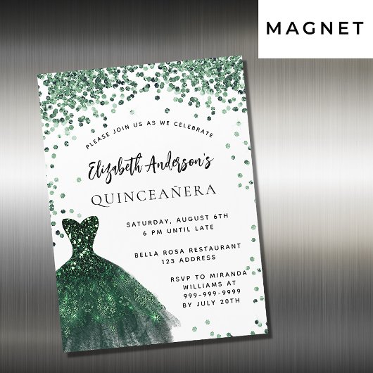 Invitation Magnétique Quinceanera robe vert émeraude blanc luxe