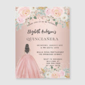 Invitation Magnétique Quinceanera rose fleurs or robe luxe (Devant)