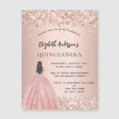 Invitation Magnétique Quinceanera rose or parties scintillant robe luxe (Devant)