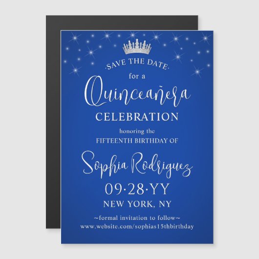 Invitation Magnétique Quinceañera Save the Date Elegant Royal Blue (Devant / Derrière)