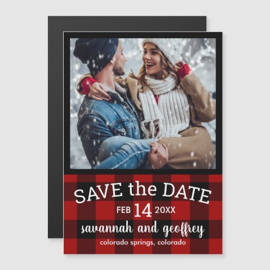 Invitation Magnétique Red Buffalo Plaid Photo Wedding Enregistrer la dat (Devant / Derrière)