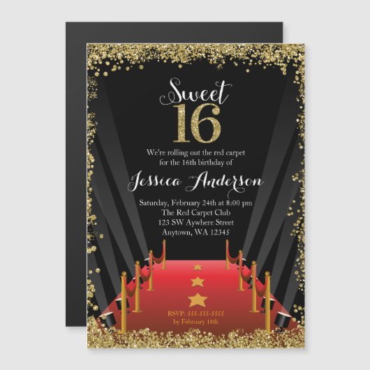 Invitation Magnétique Red Carpet Hollywood Parties scintillant Sweet 16 (Devant / Derrière)