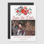 Invitation Magnétique Red Christmas Poinsettia Photo Enregistrer la date (Devant / Derrière)