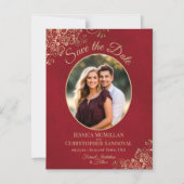 Invitation Magnétique Red & Gold Elegant Wedding Save Date Oval Photo (Recto)