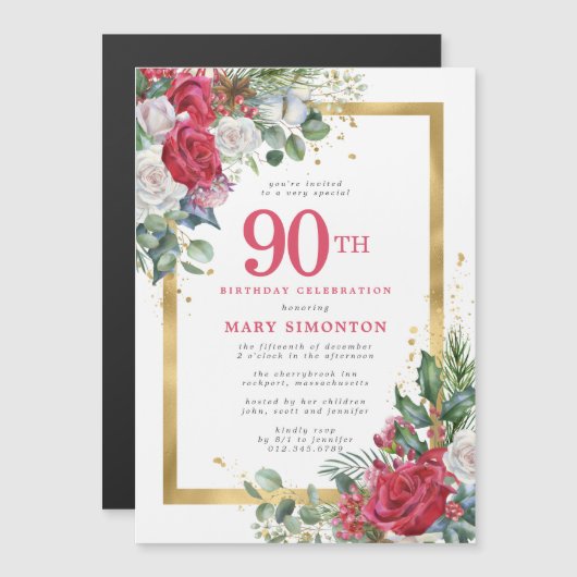 Invitation Magnétique Red Rose Gold Holly 90e anniversaire (Devant / Derrière)
