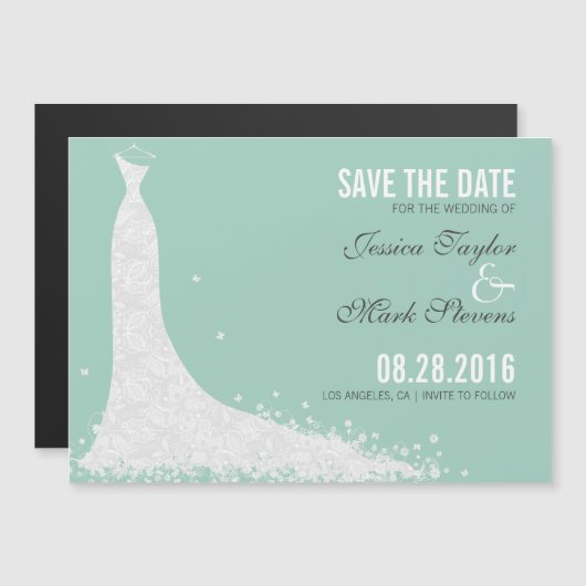Invitation Magnétique Robe Mariage Dentelle Mint & Blanc Enregistrer La (Devant / Derrière)