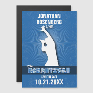 Invitation Magnétique Rock Star Bar Mitzvah Enregistrer la date en bleu