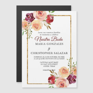 Invitation Magnétique Roja Oro Flores Boda Elegante Mariage espagnol