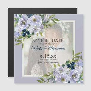 Invitation Magnétique Romantique Bleu Poussiéreux Blanc Floral Photo Enr