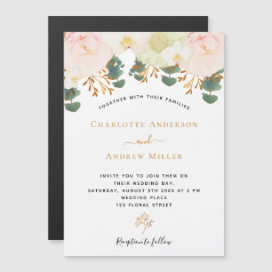 Invitation Magnétique Rose blanc floral or vert mariage