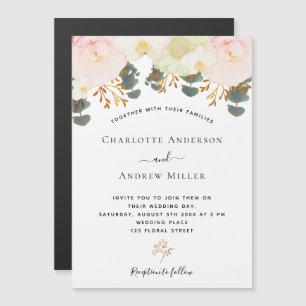 Invitation Magnétique Rose blanc floral or vert mariage