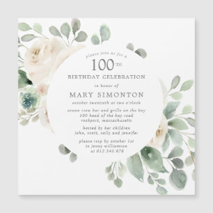 Invitation Magnétique Rose blanche Floral Eucalyptus 100e fête d'anniver
