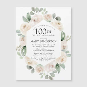 Invitation Magnétique Rose blanche Floral Eucalyptus 100e fête d'anniver