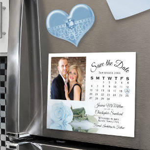 Invitation Magnétique Rose bleu clair Calendrier & Photo Date d'enregist