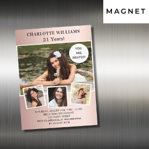 Invitation Magnétique Rose de fête d'anniversaire or photo collage luxe