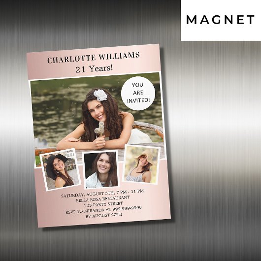 Invitation Magnétique Rose de fête d'anniversaire or photo collage luxe
