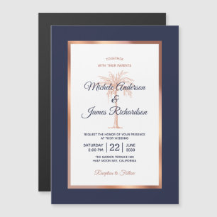 Invitation Magnétique Rose Gold Cuivre Marine Blue Palm Tree Beach Maria
