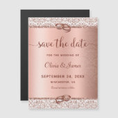 Invitation Magnétique Rose Gold Damask Script Wedding Enregistrer la dat (Devant / Derrière)