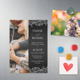 Invitation Magnétique Rose noir blanc présente le Mariage photo
