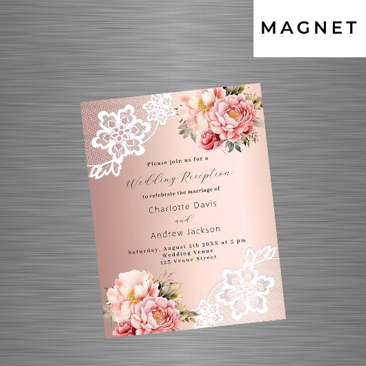 Invitation Magnétique Rose or rose floraux dentelle réception de mariage