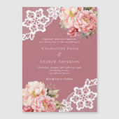 Invitation Magnétique Rose or rose rose dentelle fleurie luxe mariage (Devant)