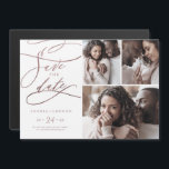 Invitation Magnétique Rose romantique Gold 3 Photo Sauvez la date<br><div class="desc">Cette photo rose d'or 3 romantique sauve l'invitation magnétique de la date est parfait pour un mariage simple. Le design classique moderne présente des tourbillons fantaisistes et des fleurs fantaisistes,  agrémentés d'élégantes typographies élégantes de feuilles d'or en imitation rose.</div>