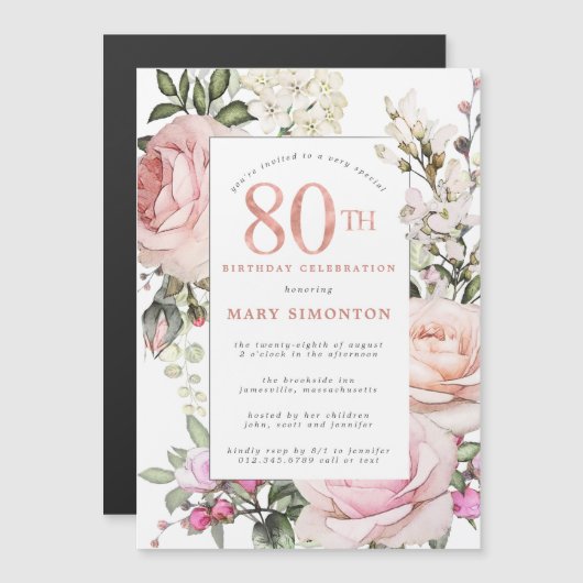 Invitation Magnétique Rose rose pâle Fleur 80e anniversaire (Devant / Derrière)