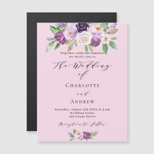 Invitation Magnétique Rose violet fleurs vert script luxe mariage (Devant / Derrière)