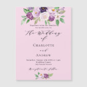 Invitation Magnétique Rose violet fleurs vert script luxe mariage (Devant)