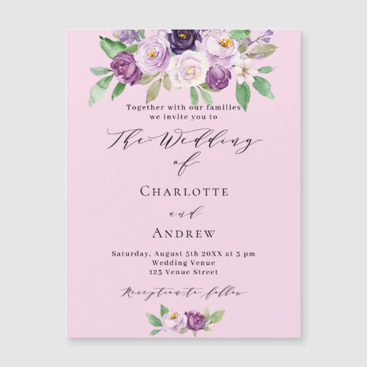 Invitation Magnétique Rose violet fleurs vert script luxe mariage (Devant)