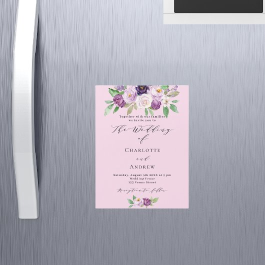 Invitation Magnétique Rose violet fleurs vert script luxe mariage