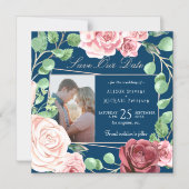 Invitation Magnétique Roses rose pâle bleu marine mariage photo date de  (Recto)
