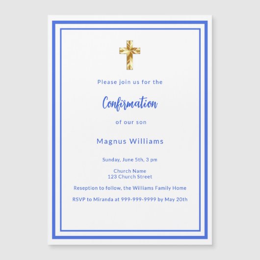 Invitation Magnétique Royal bleu blanc garçon Confirmation (Devant)