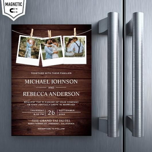Invitation Magnétique Rustic Country Grange Wood Photo Collage Mariage