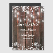 Invitation Magnétique Rustic Lace String Lights Wedding Save the Date (Devant / Derrière)